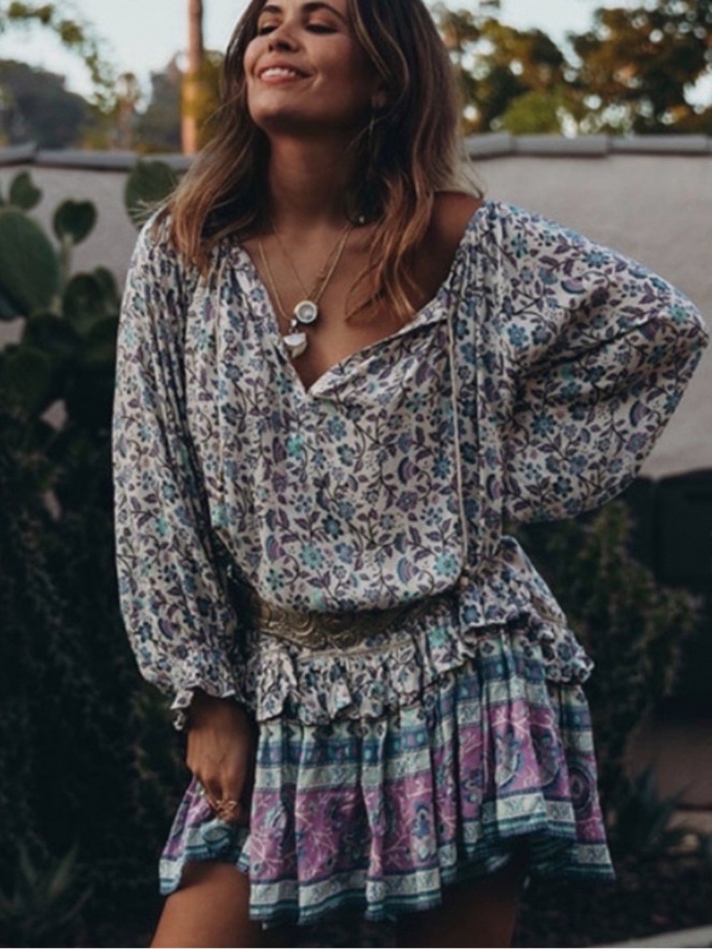 Spell Dahlia Floral Tunic Dress in Blue and Purple oversized xs